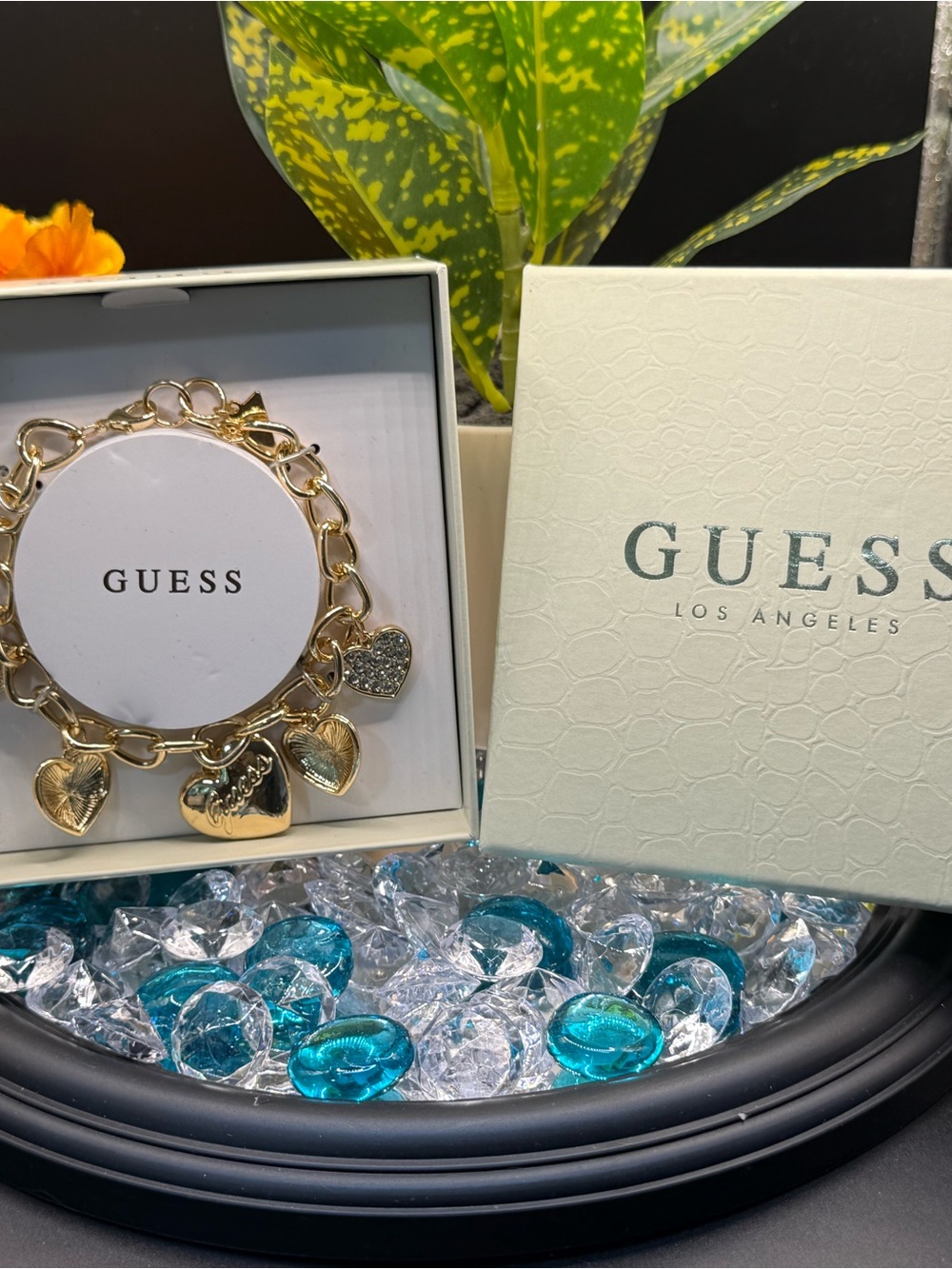 GUESS Gold Heart Charm Bracelet with Pavé Heart Accent - Gold